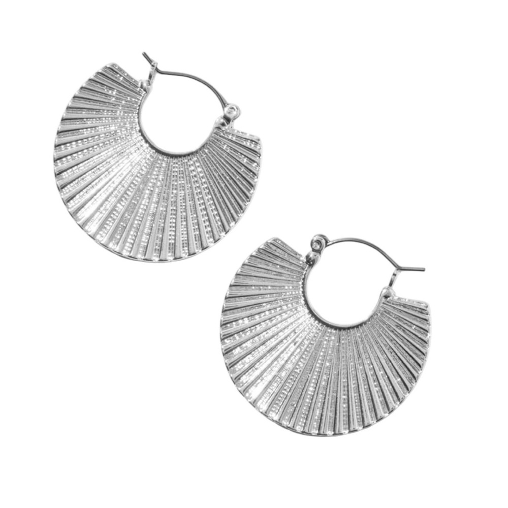 SILVER-TONE RIDGED DISC 40MM HOOP EARRINGS